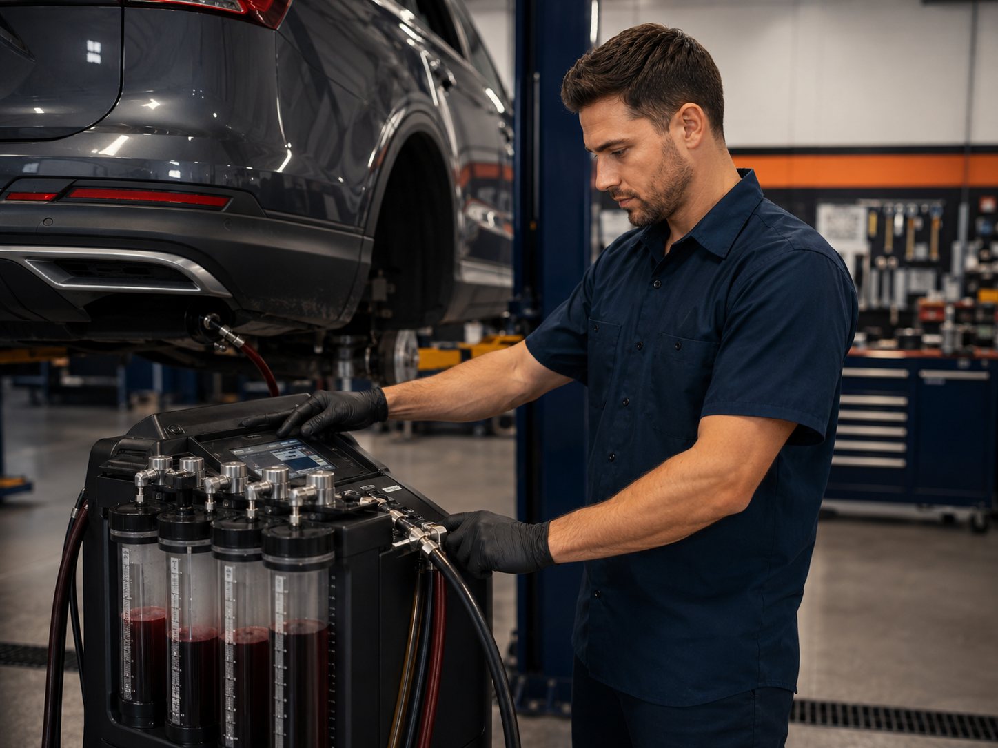 Transmission fluid service setup behind a vehicle in the repair bay for Contact Arlington Heights Transmission