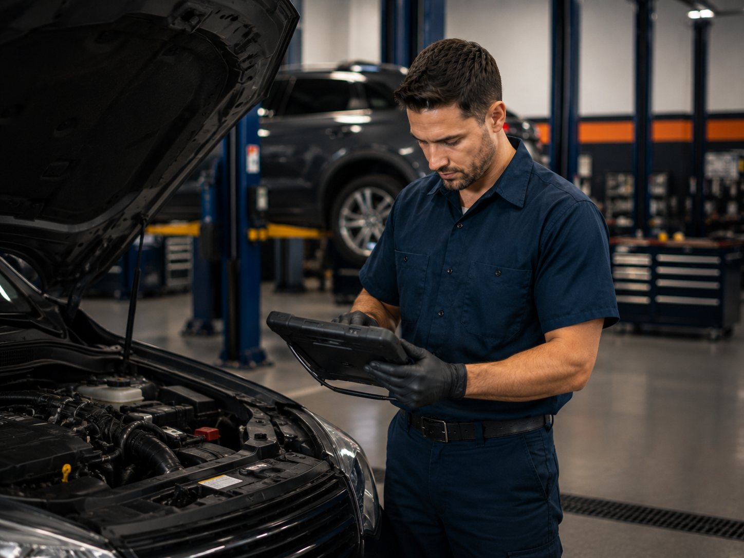 Technician checking repair notes and scan data on a service tablet for Contact Arlington Heights Transmission