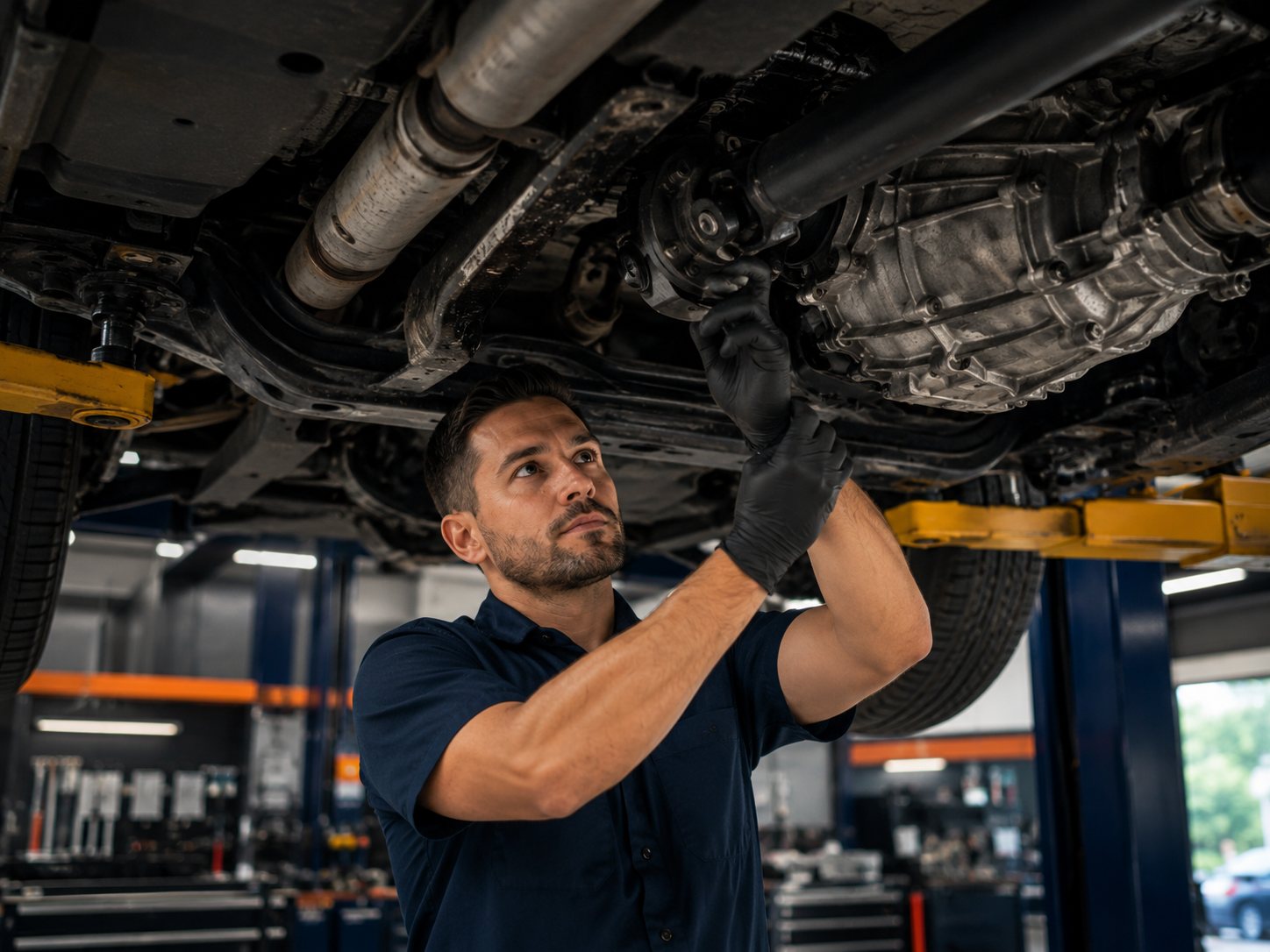 Transfer case and drivetrain inspection under a raised SUV for Transmission Repair FAQ