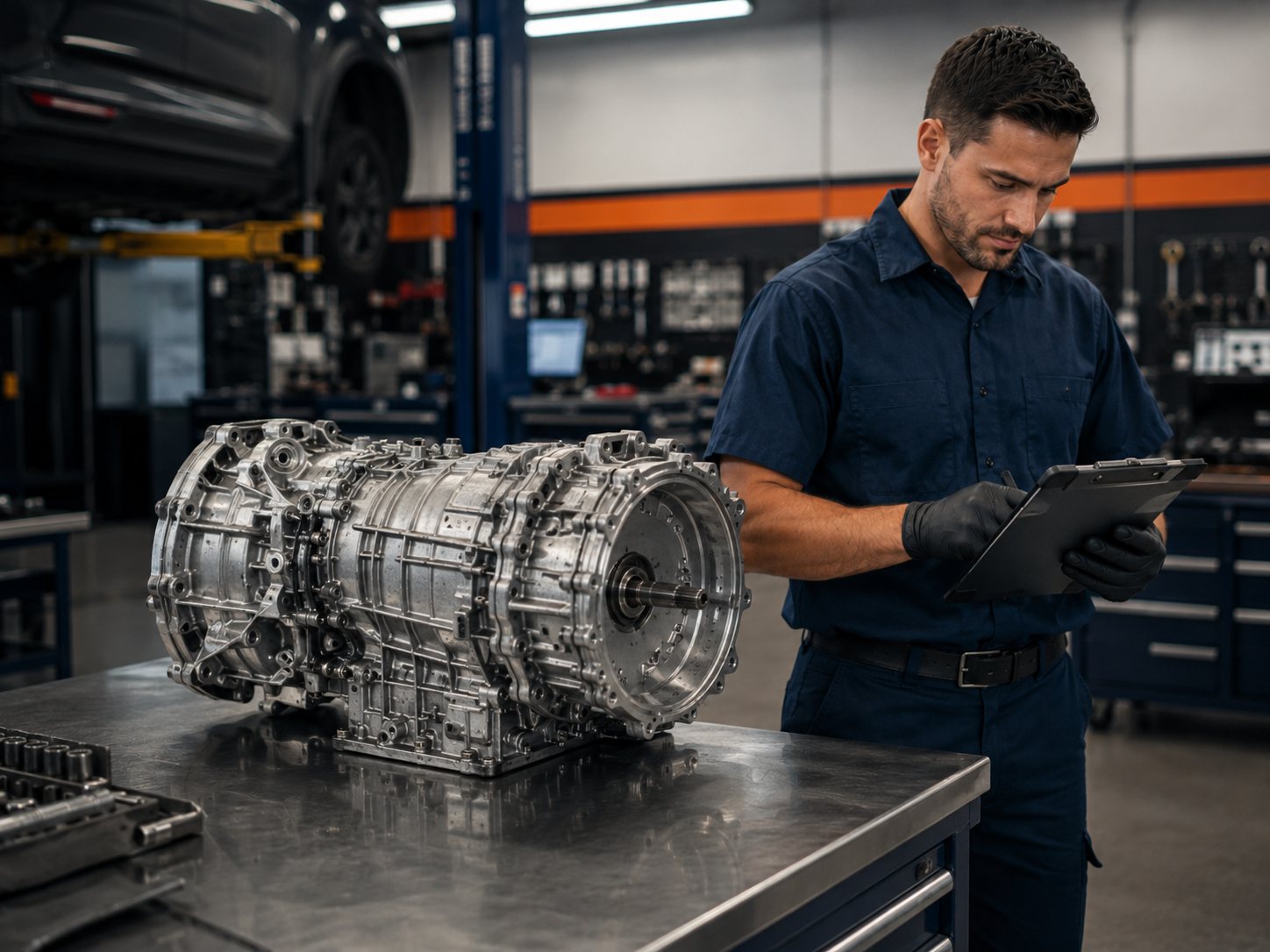 Transmission unit beside diagnostic tablet during repair planning for Transmission Repair FAQ