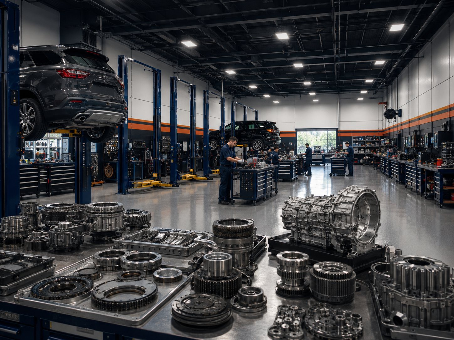 Wide shop scene with transmission parts bench and repair bays for Transmission Repair FAQ