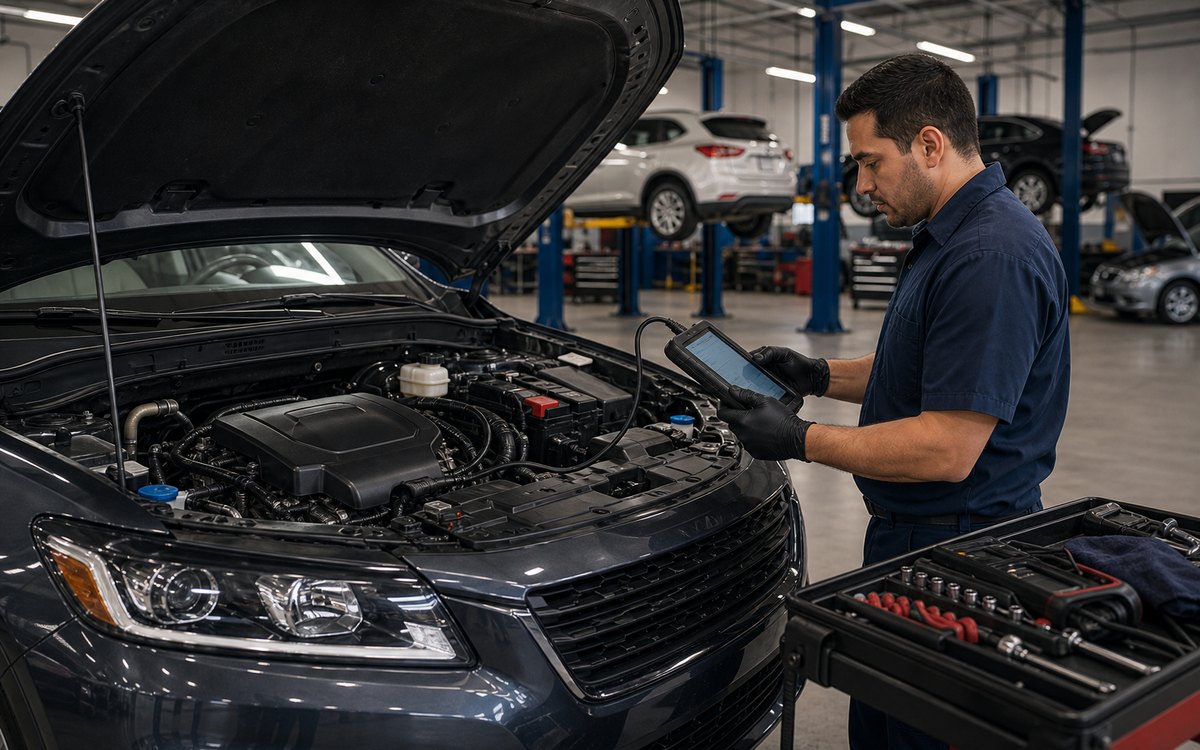 Engine repair diagnostic service bay with hood open in Arlington Heights