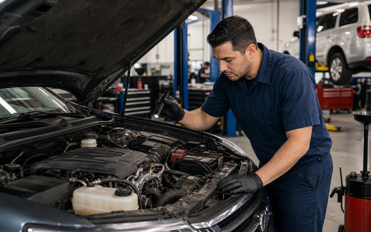 Engine warning light and leak inspection in a clean service bay
