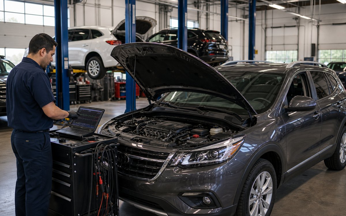Engine driveability diagnostic bay with hood open and scan cart