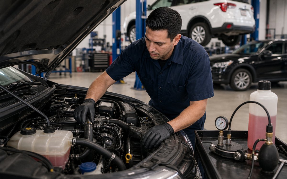 Cooling system overheating check with hoses reservoir and pressure test