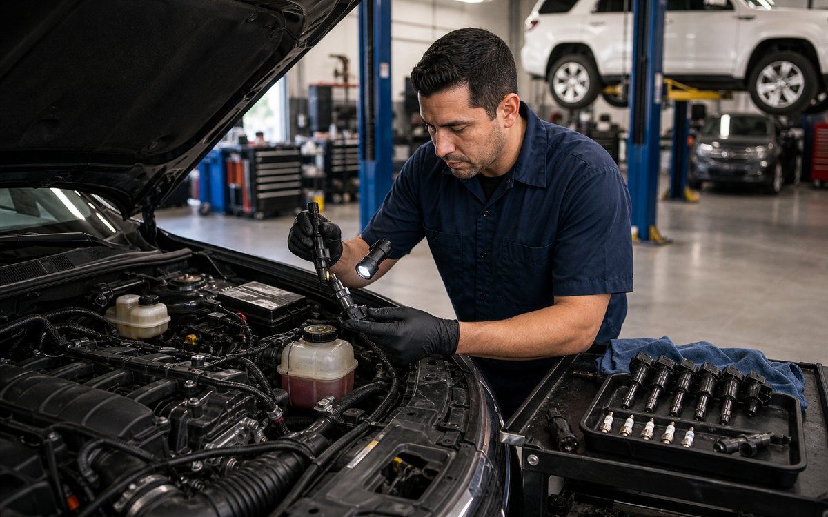 Ignition coil and spark plug diagnosis beside an open engine bay
