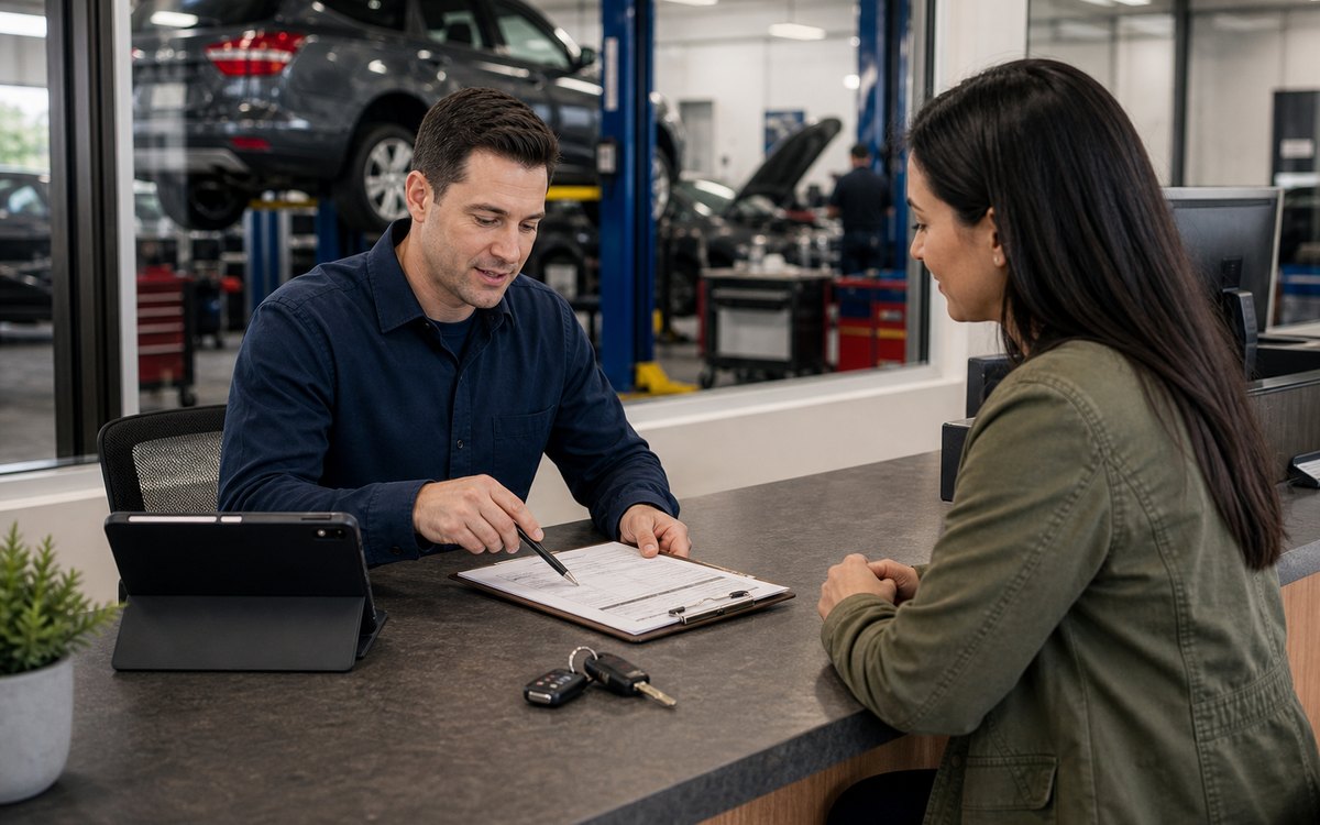 Service advisor reviewing final engine repair estimate with customer