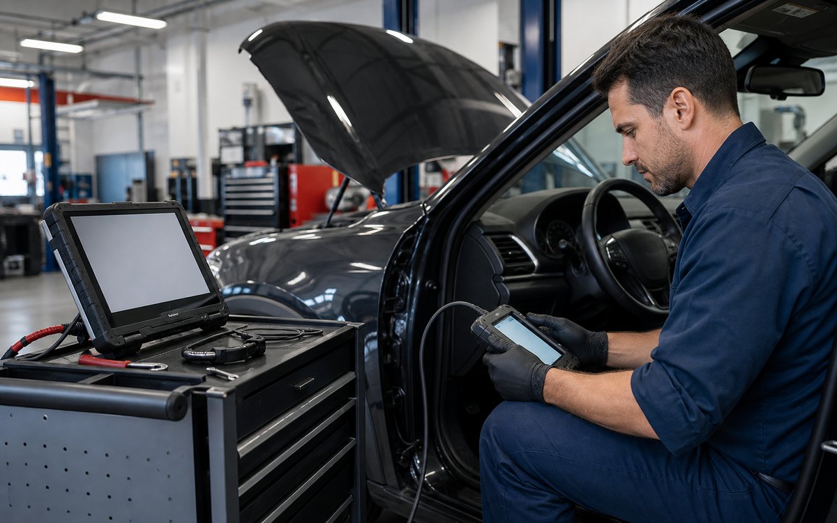 Technician connecting a scan tool for a free computer diagnostic FAQ
