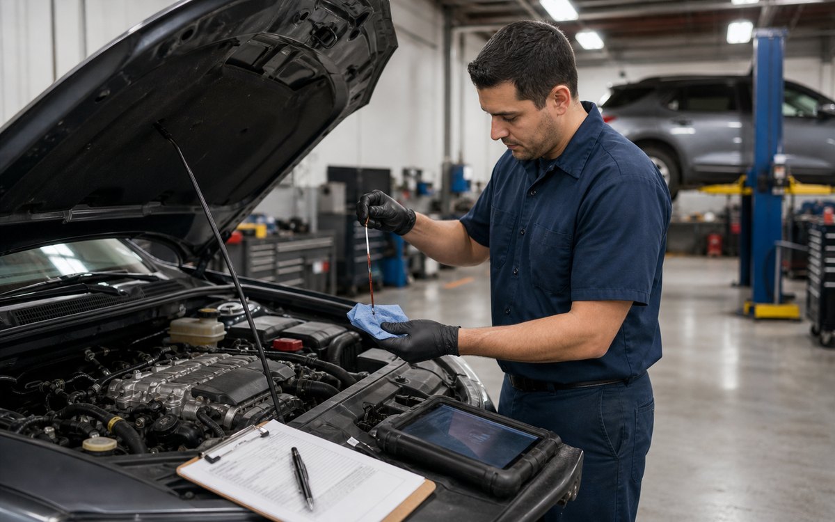 Technician checking transmission fluid during slipping transmission diagnosis