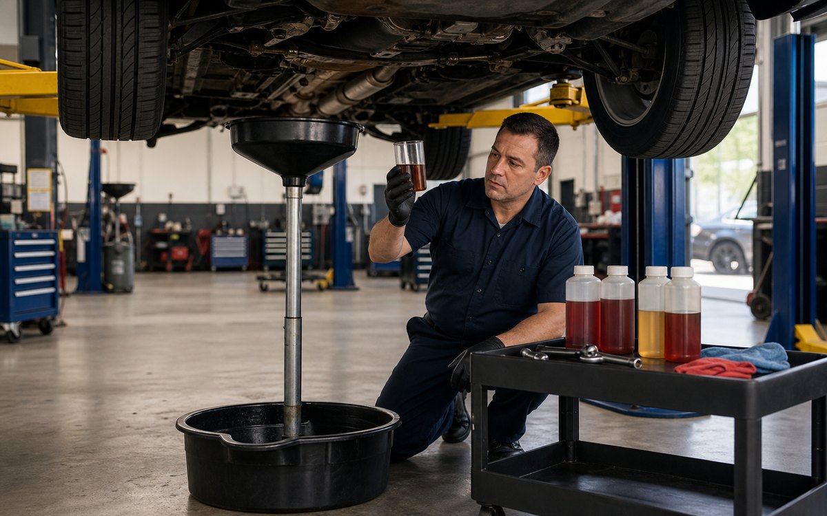 Transmission fluid service interval inspection under a raised vehicle