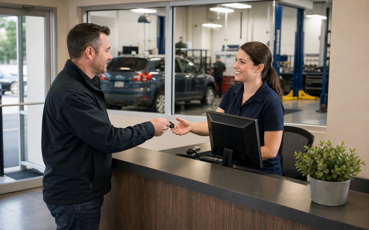 Customer at Arlington Heights transmission service counter for location FAQ