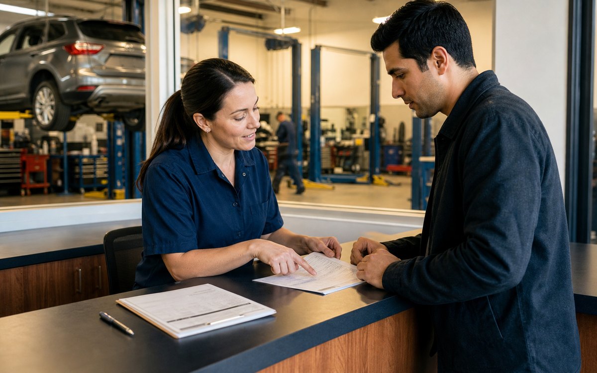 Customer asking follow-up transmission repair questions at the service counter