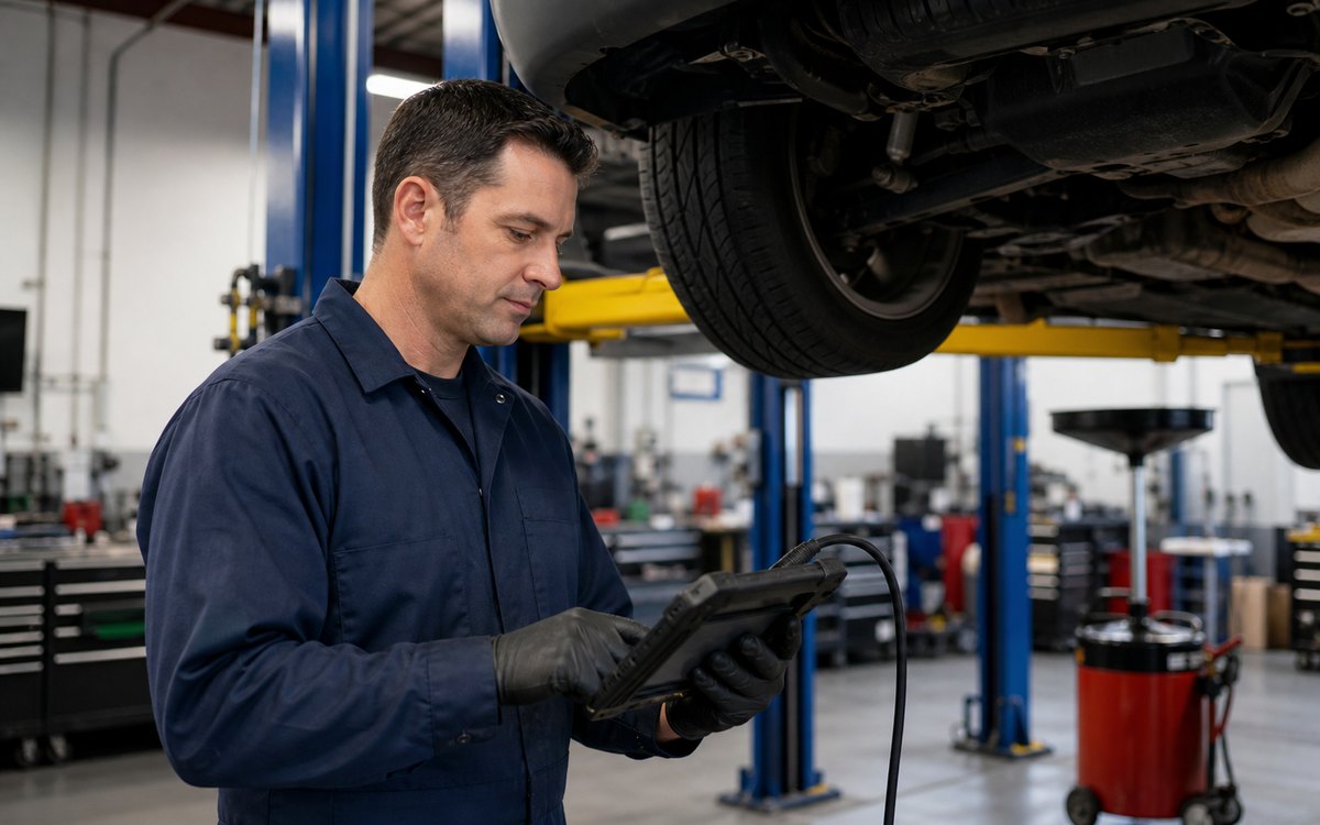 Certified technician using a diagnostic scan tool beside a raised vehicle