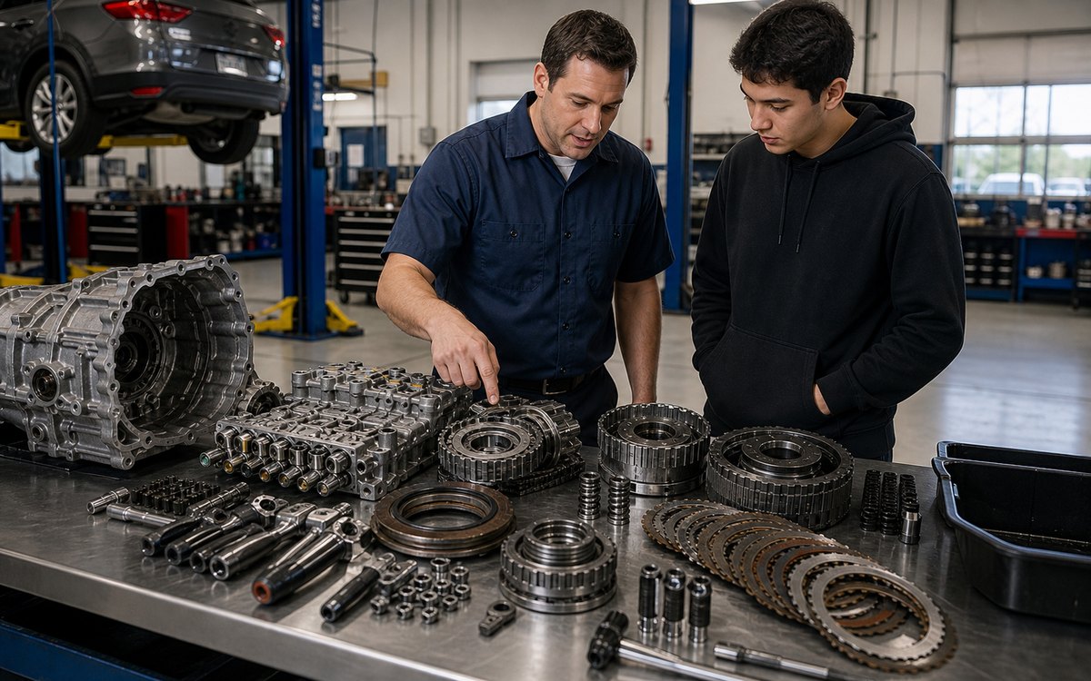 Transmission valve body and internal parts explained on an organized workbench