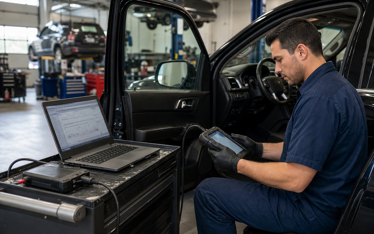 Computer diagnostic inspection with laptop and scan tool in a clean service bay