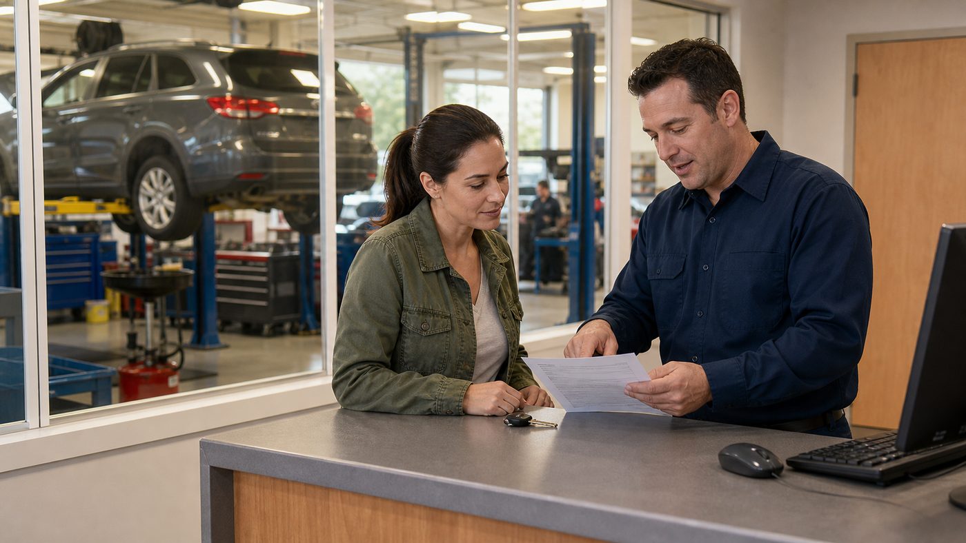 Financing estimate review at Arlington Heights Transmission service counter