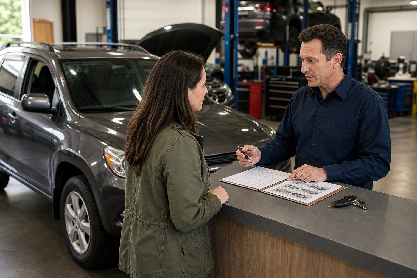 Service advisor explaining transmission repair scope before payment planning