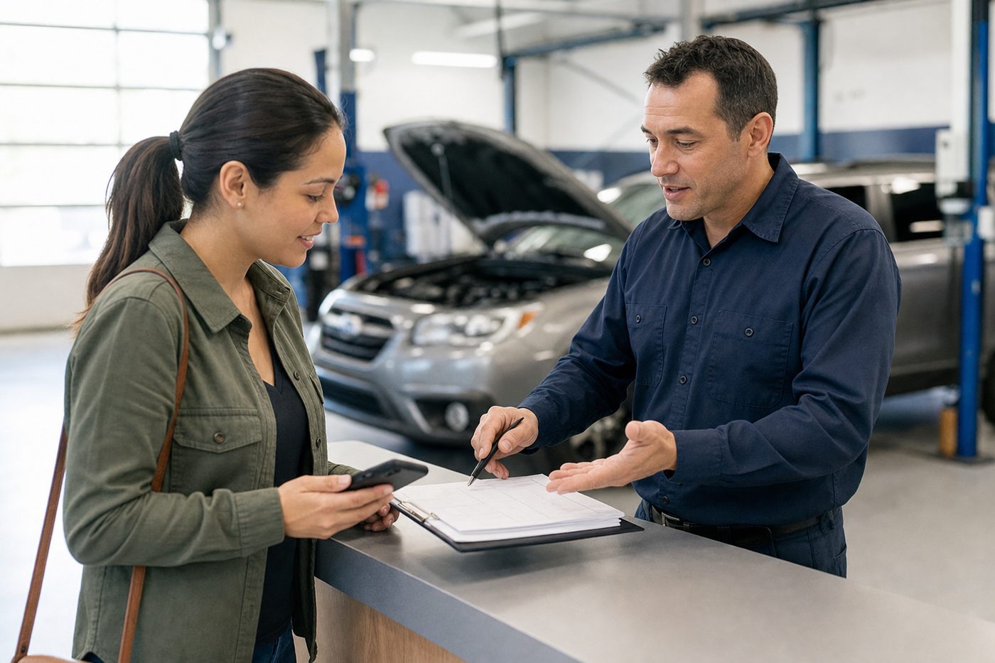 Customer discussing transmission repair financing application at the service counter