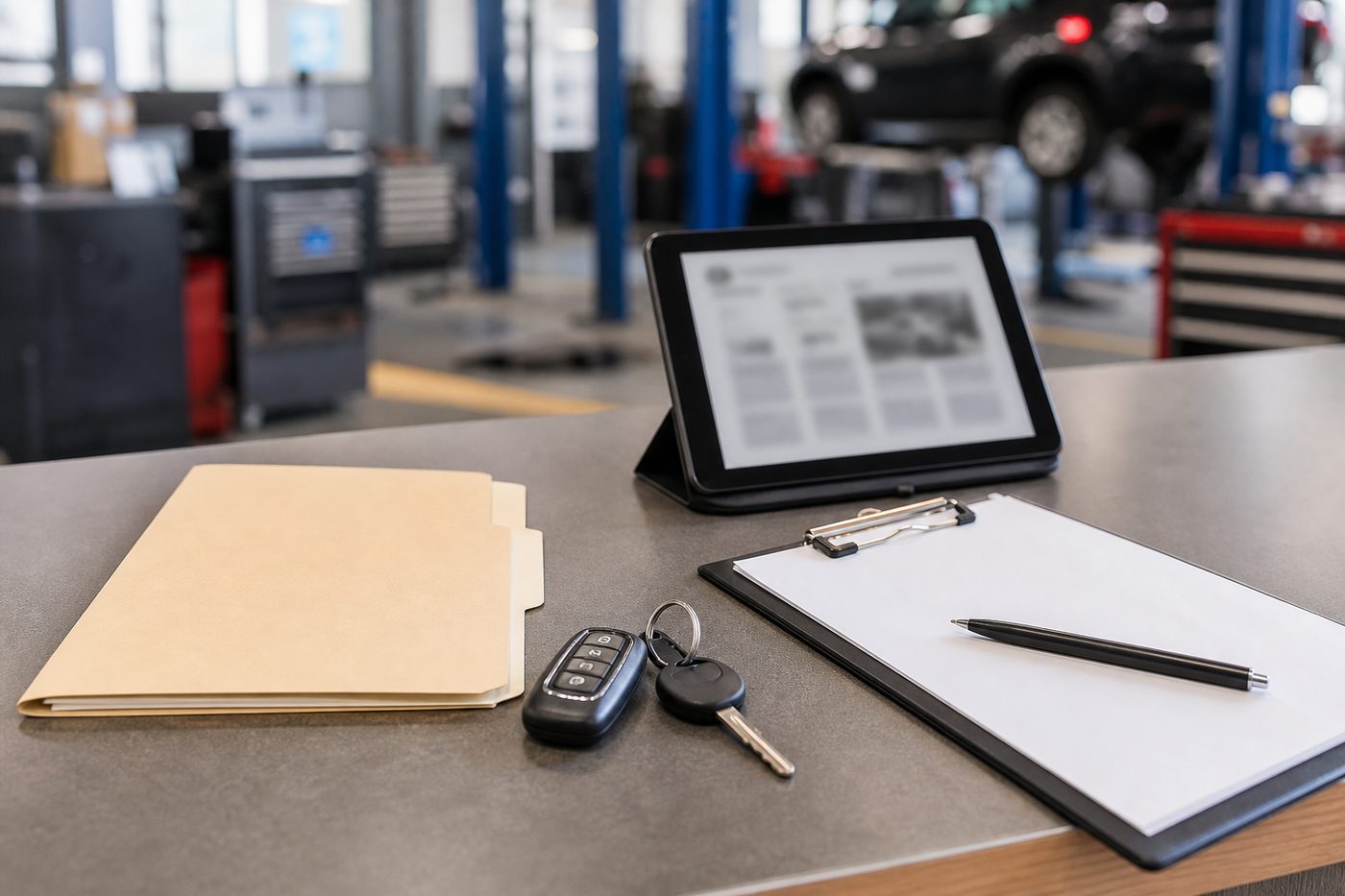 Blank estimate folder keys and tablet for transmission repair financing documents