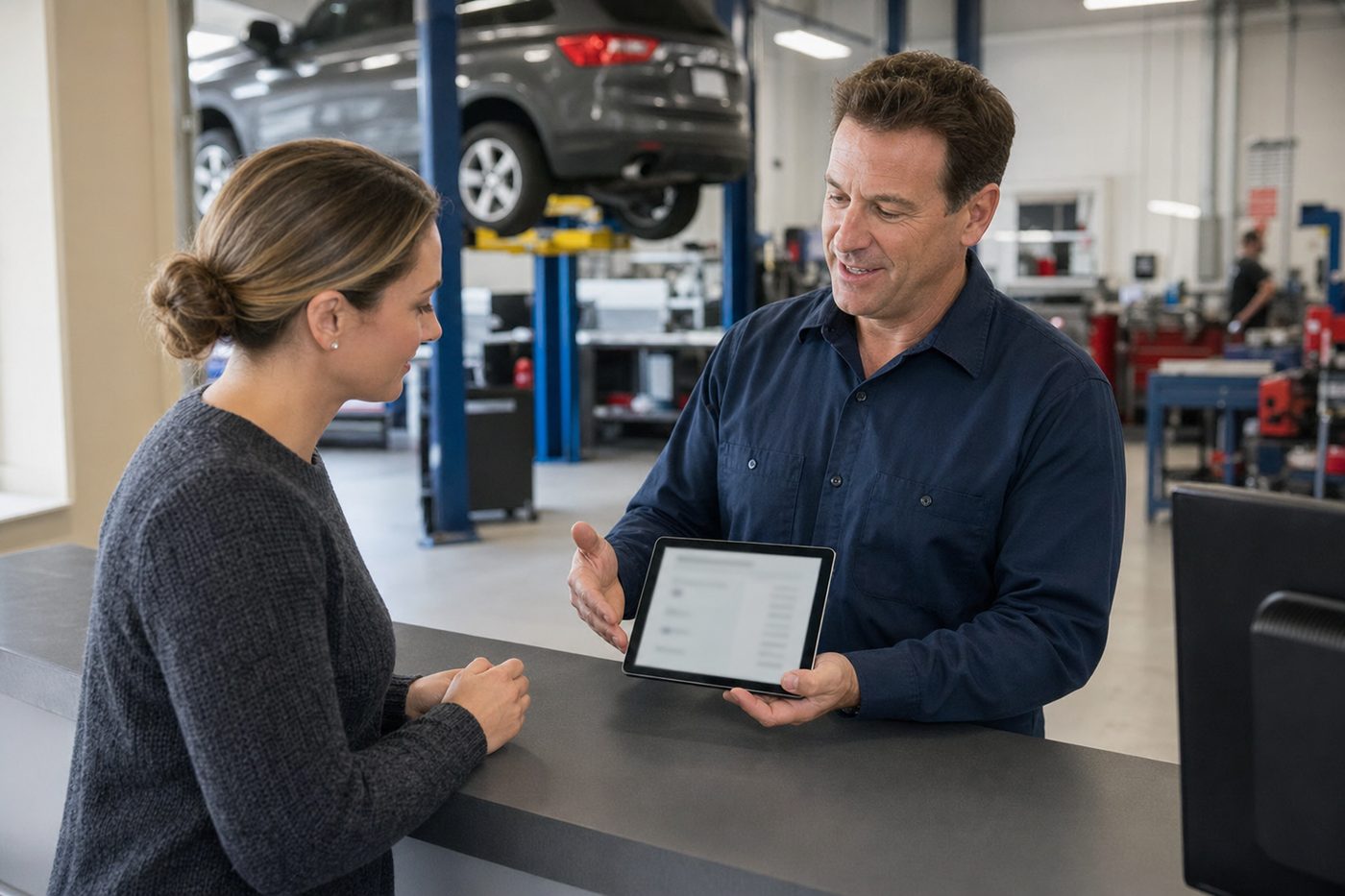 Advisor reviewing credit prequalification question with transmission repair customer