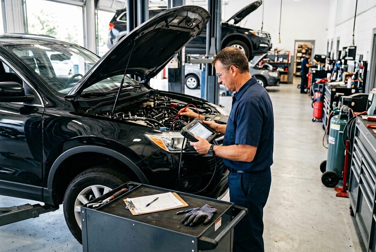 Technician performing free diagnostic inspection before financing estimate