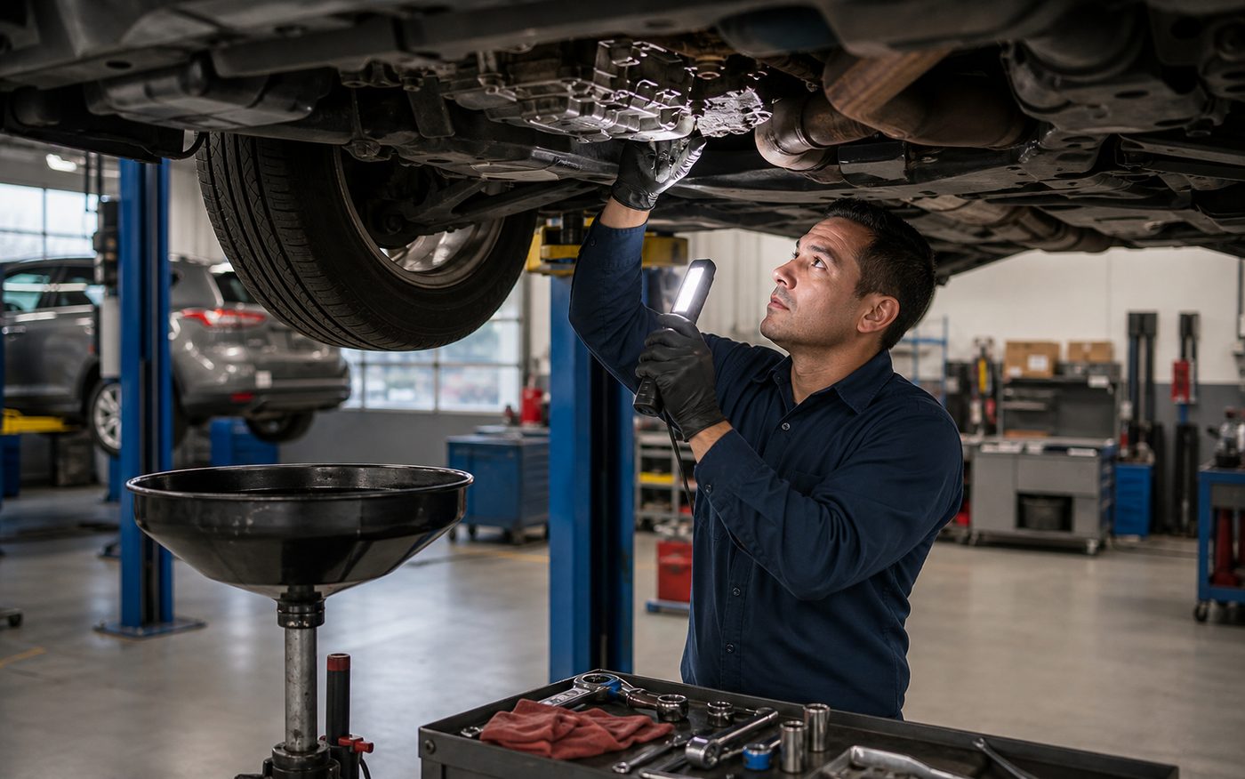Technician inspecting undercarriage to protect vehicle before repair financing