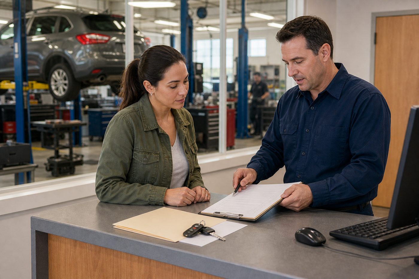 Customer reviewing repair checklist questions before approving financing