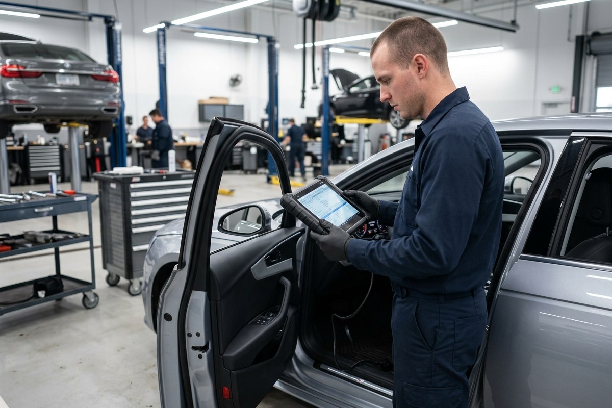 Technician reviewing scan data on a diagnostic tablet beside a vehicle