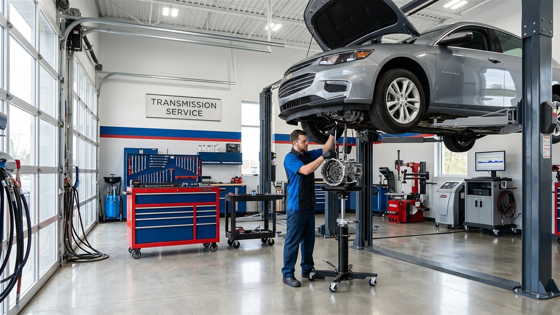 Clean Arlington Heights transmission repair bay with a vehicle on a lift