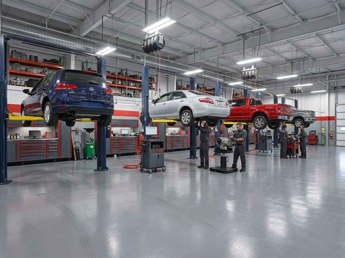 Transmission repair shop bay with vehicles on lifts