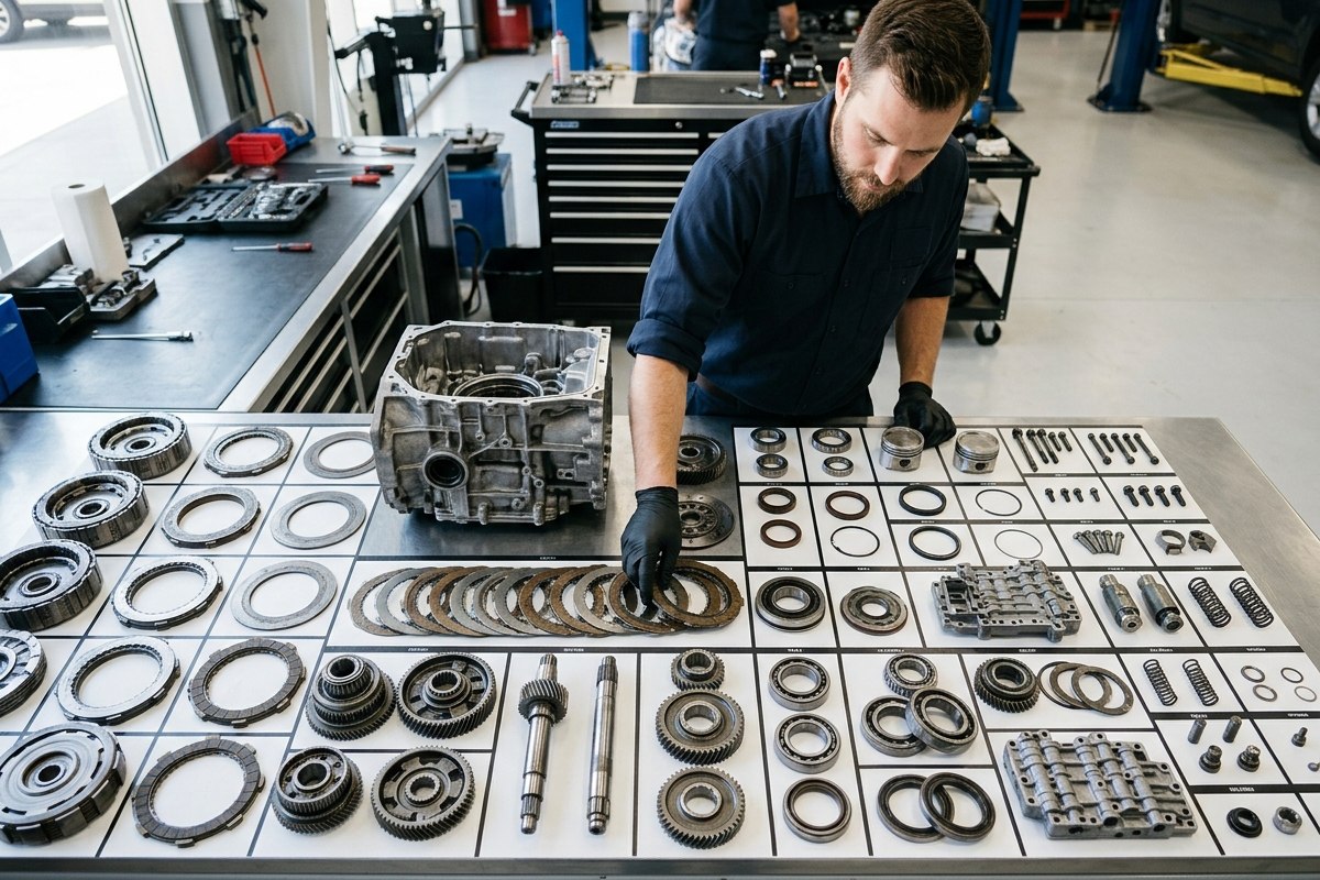 Transmission builder parts laid out for inspection