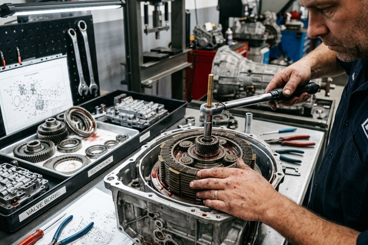 Close-up transmission rebuild assembly with internal parts and precision tools