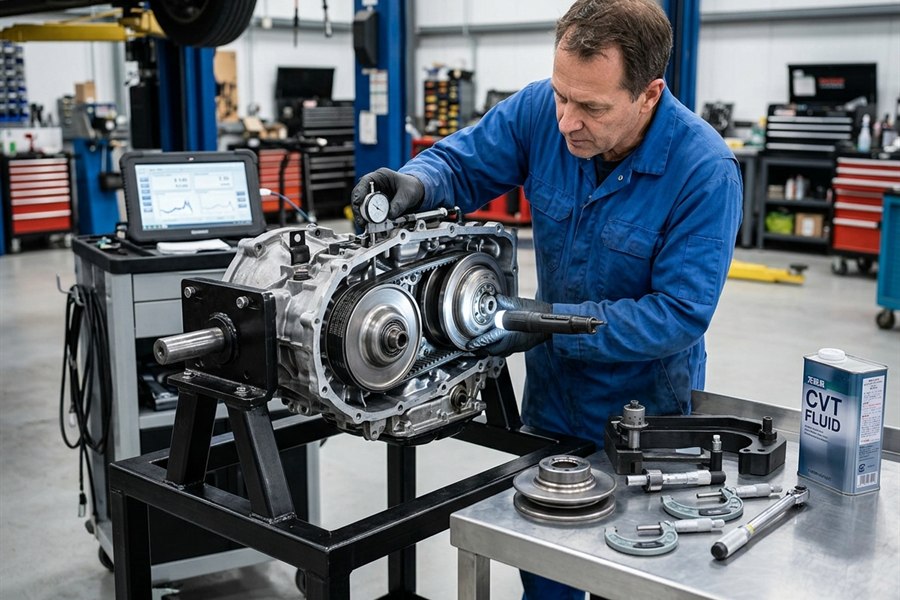 CVT transmission specialist working on a transmission assembly in a repair bay