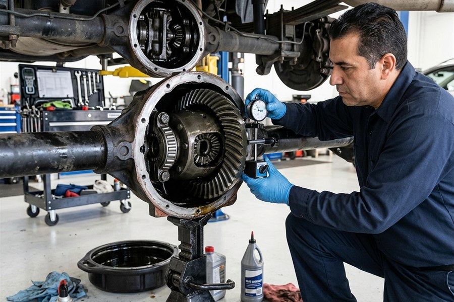 Differential gearset service with a vehicle raised on a shop lift