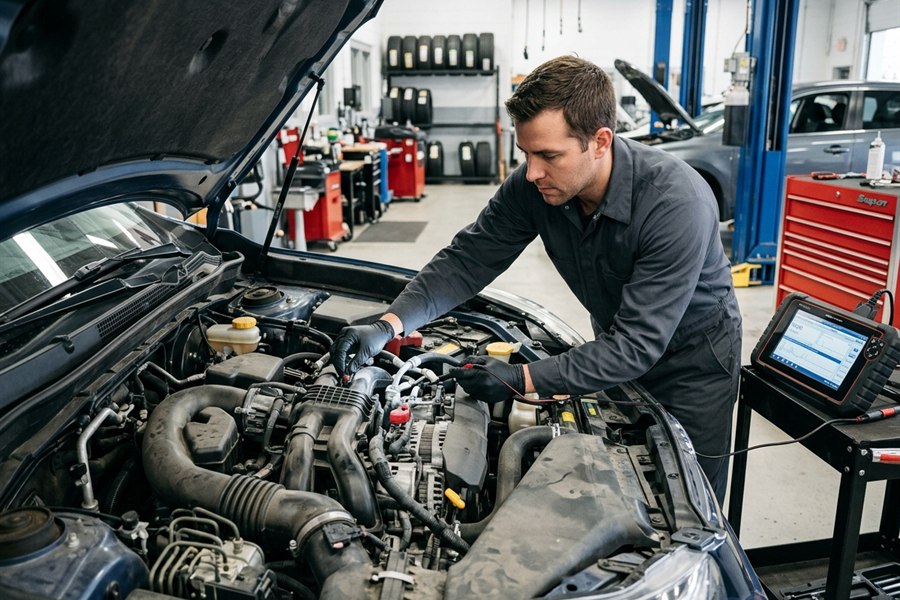 Engine diagnostic work in a clean repair bay