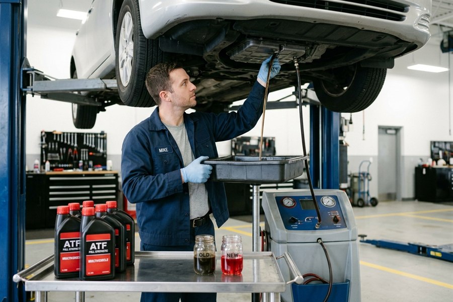 Transmission fluid service and flush equipment connected during maintenance