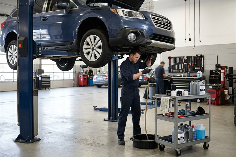 General automotive maintenance with a vehicle raised on a lift