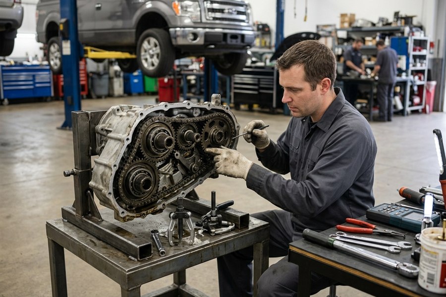 Transfer case and drivetrain service on a workbench
