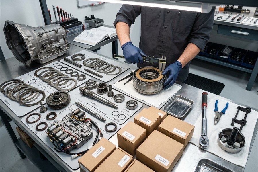 Transmission rebuild parts organized on a clean Arlington Heights workbench