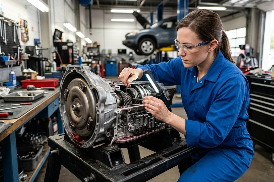 Technician performing transmission repair on a unit in a clean Arlington Heights shop