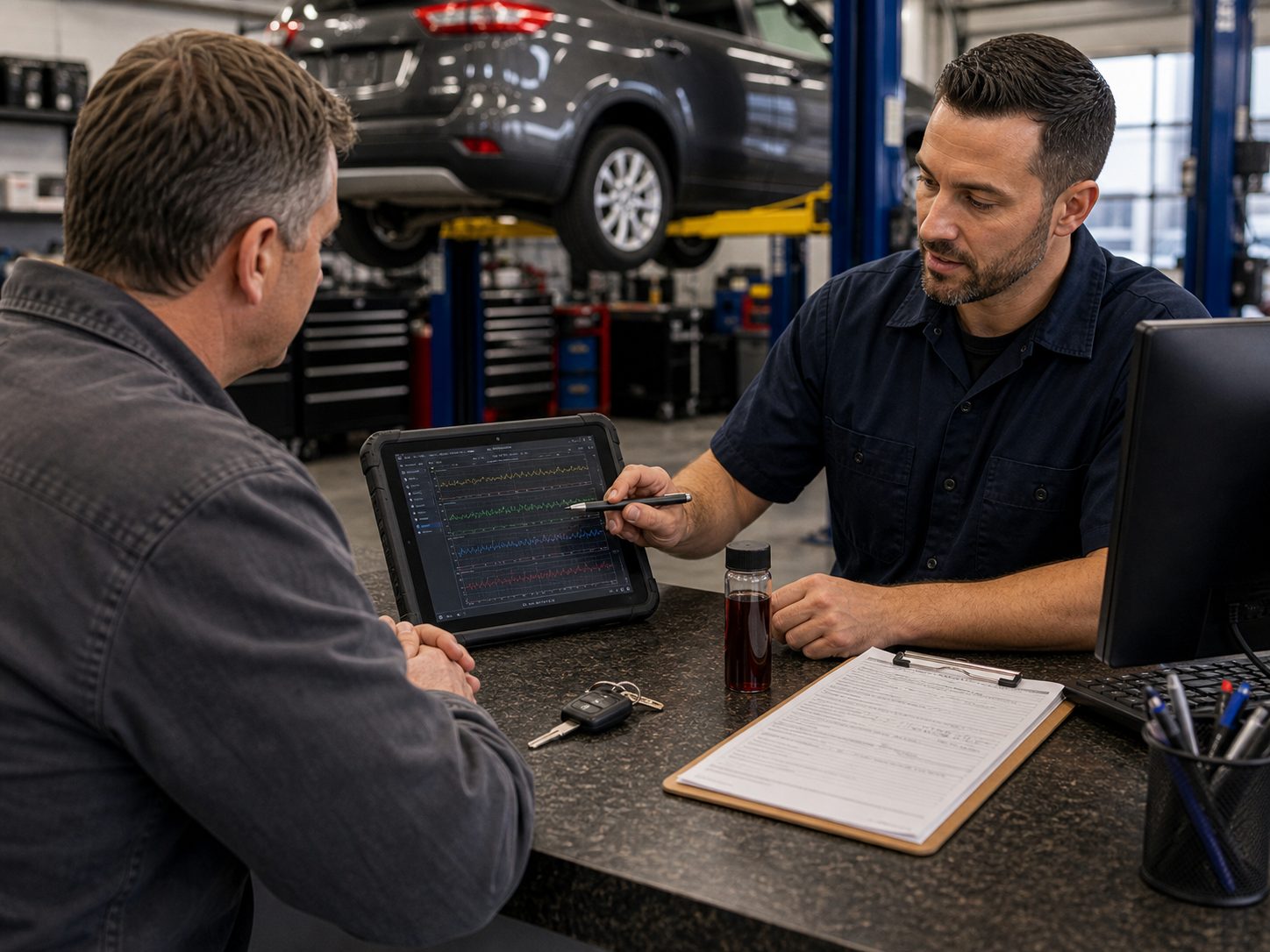 Transmission scan, fluid condition, and key handoff for Buffalo Grove drivers