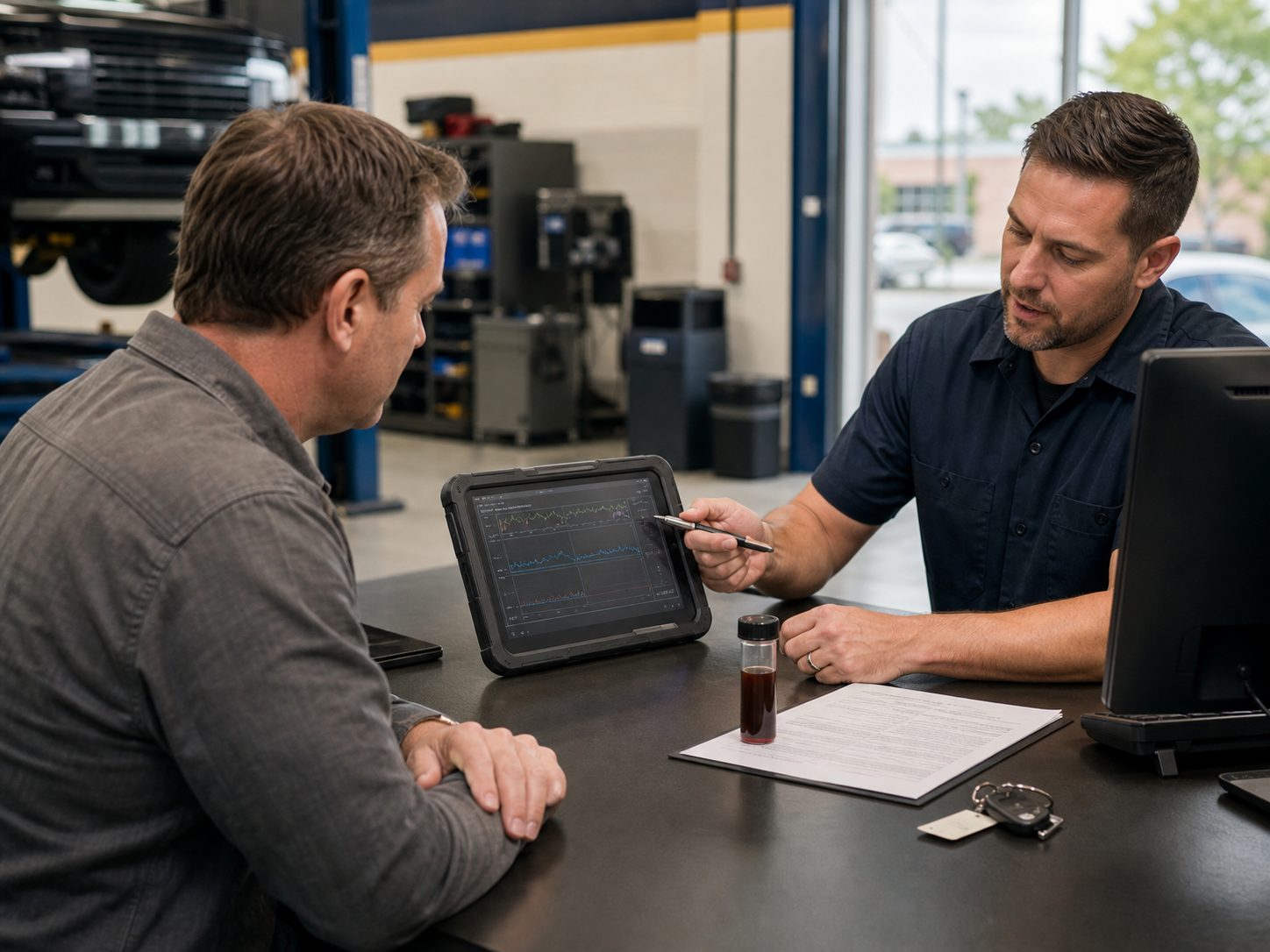 Transmission scan, fluid condition, and key handoff for Hoffman Estates drivers