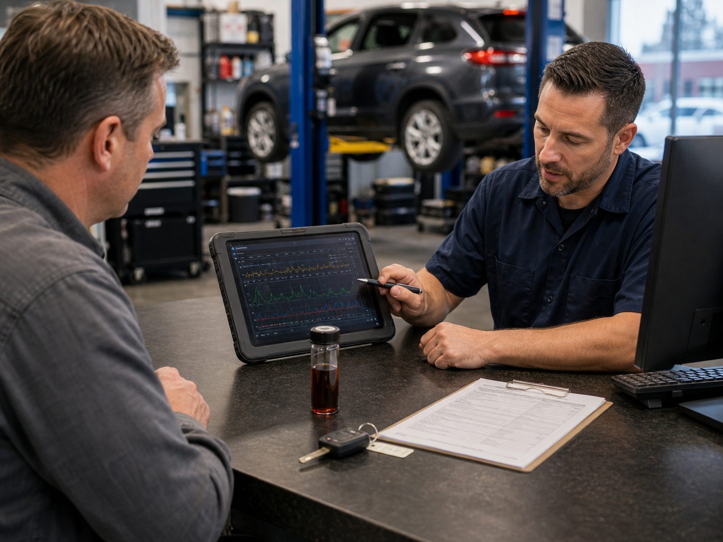 Transmission scan, fluid condition, and key handoff for Mount Prospect drivers