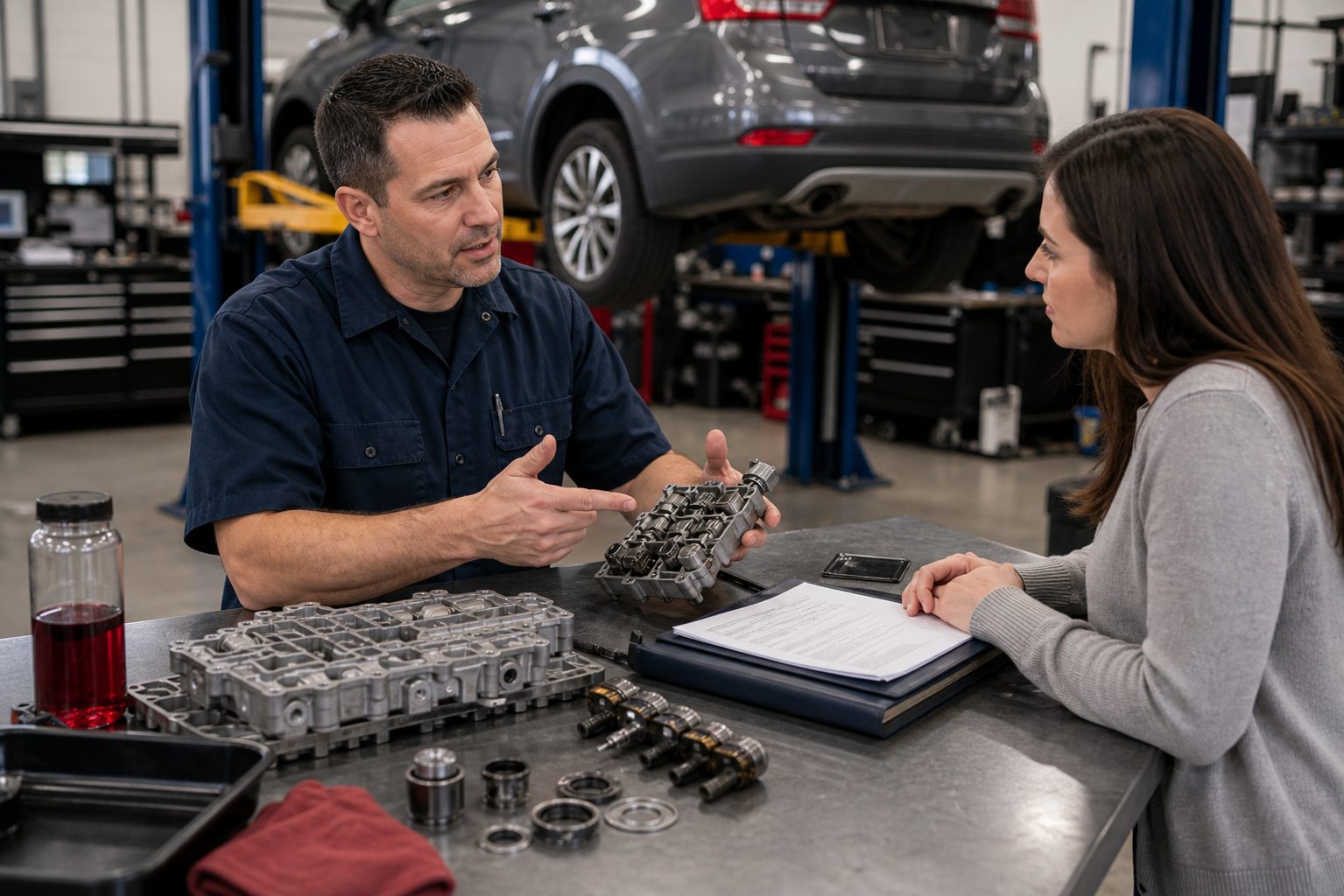 Axle seal and cooler line inspection for Palatine transmission repair