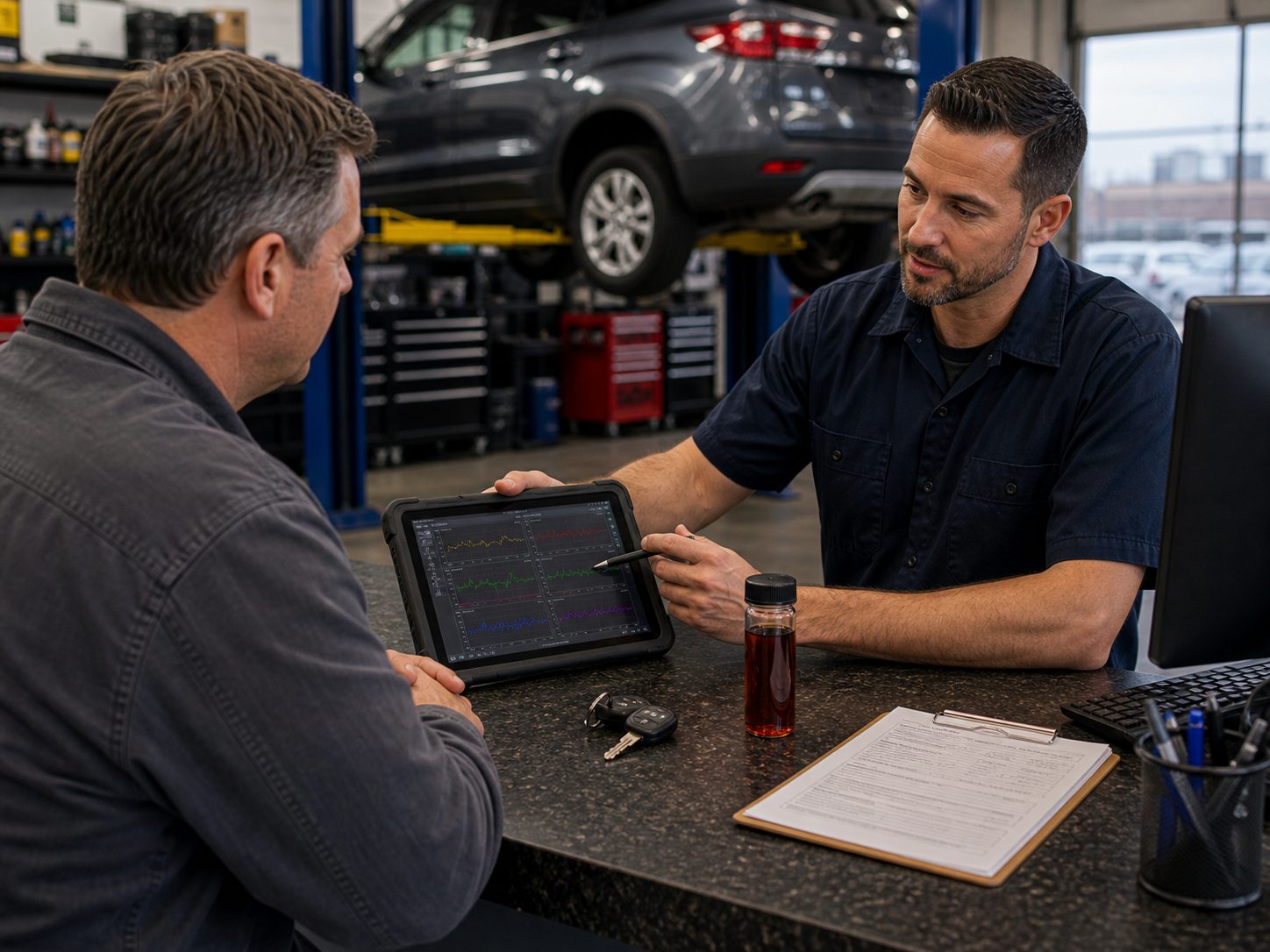 Transmission scan, fluid condition, and key handoff for Prospect Heights drivers