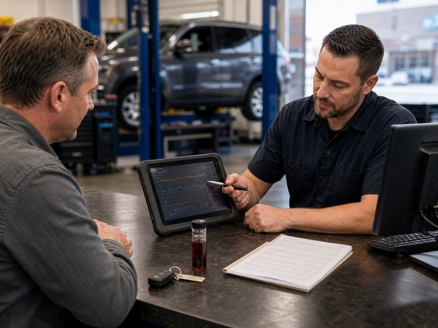 Transmission scan, fluid condition, and key handoff for Rolling Meadows drivers