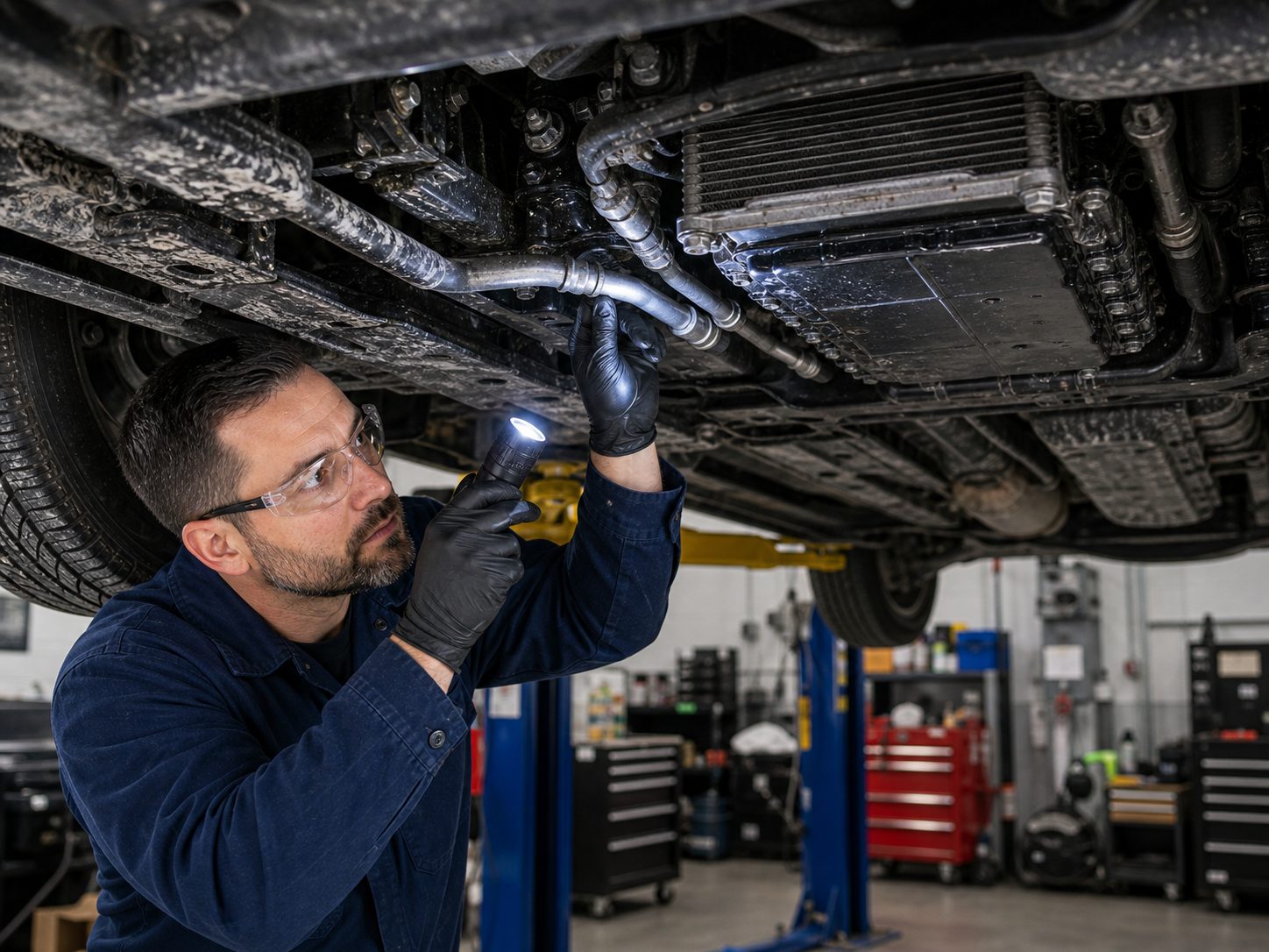 Transmission cooler line and axle seal inspection for Wheeling vehicles