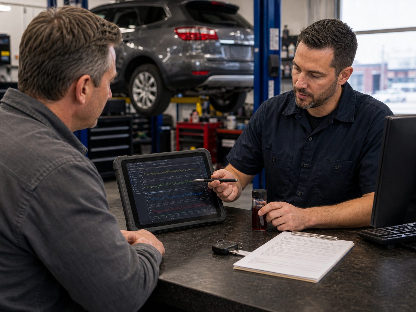 Transmission scan, fluid condition, and key handoff for Wheeling drivers