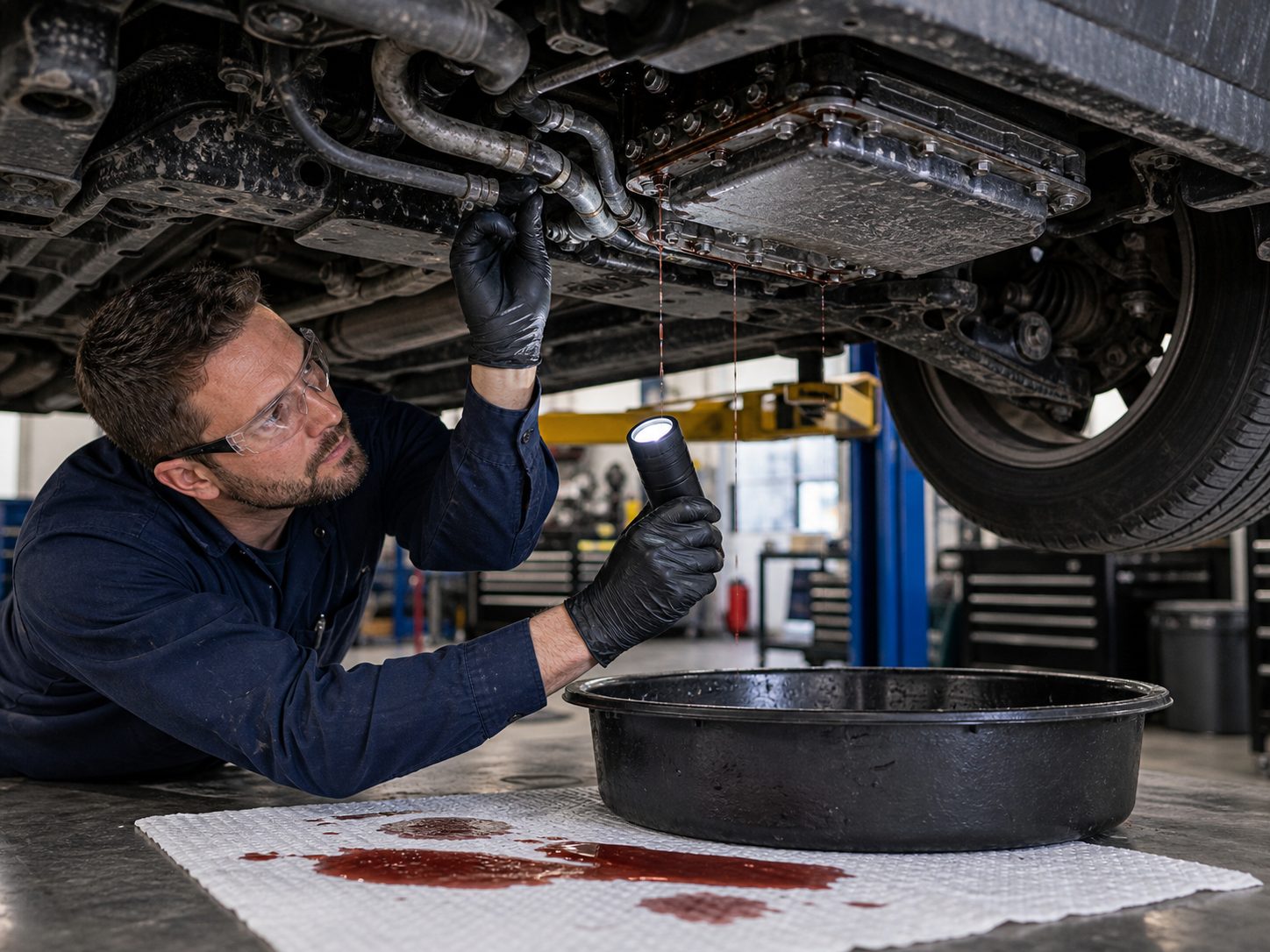 Wheeling transmission warning sign and fluid leak inspection