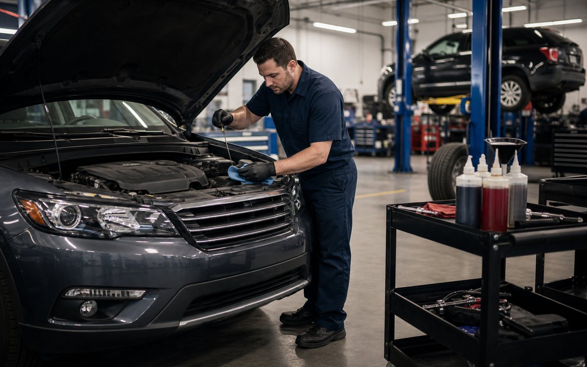 Technician performing preventive maintenance in an Arlington Heights service bay